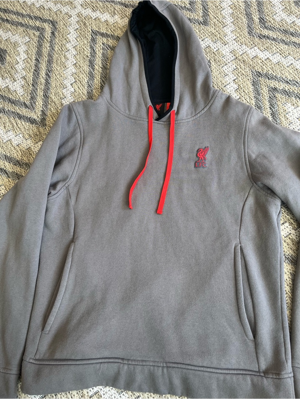 Liverpool Gray Hoodie with Red Drawstrings and Crest